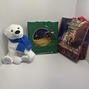 The Polar Express Official Merchandise Plush Bear And Tote Bags Bundle